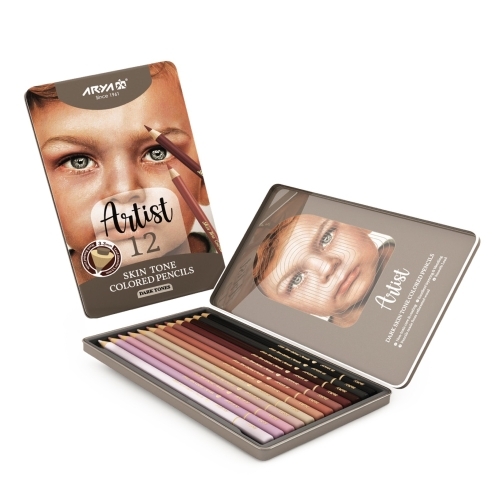 Aria Artist 12-color colored pencils in a metal box, dark skin color مدادرنگی 12 رنگ جعبه فلزی رنگ پوست تیره آریا آرتیست